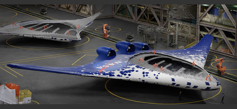 A rendering showing the potential redesign of aircrafts with the new tech, assembled by the orange robots.